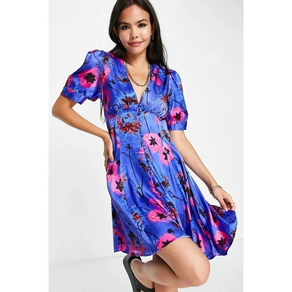 Topshop Floral V-Neck A-Line Satin Mini Dress US 4 Blue Pink Short Sleeve Button - Picture 1 of 13